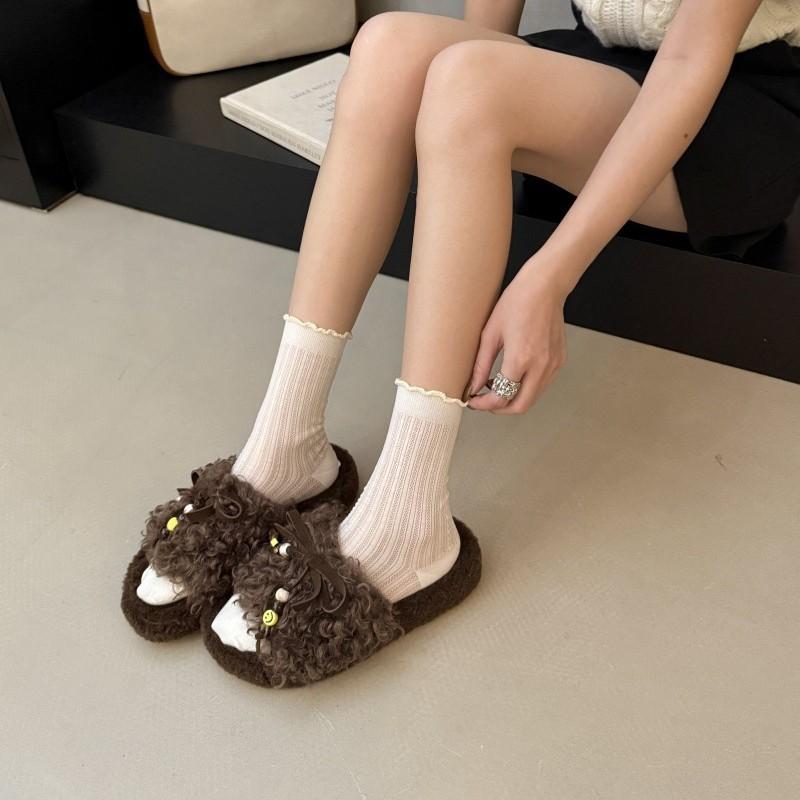 Lazy casual bow beaded thick-soled fluffy slippers women's autumn and winter new home curly fluffy slippers