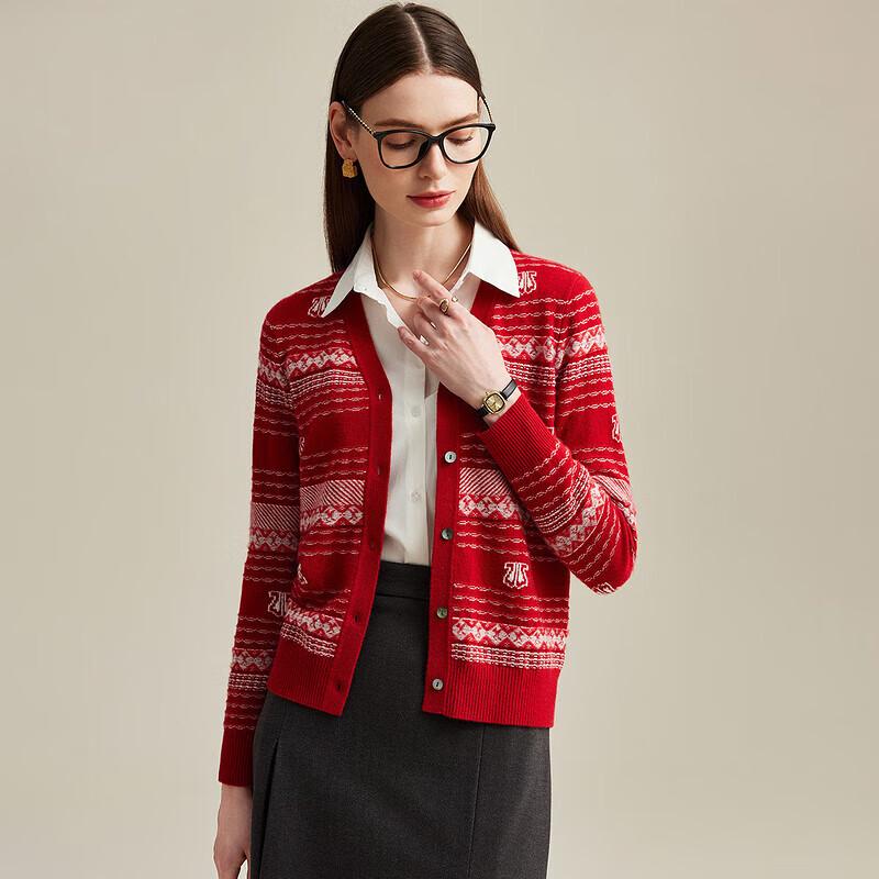 Zhaojun Women's Pure Cashmere V-Neck Striped Cardigan