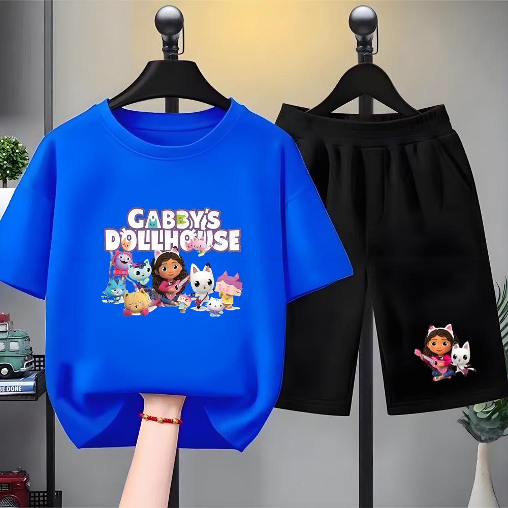 Children Summer Clothing Tshirt+Shorts Gabbys Dollhouse Print Boy Girl Toddler 3-12Yrs Short-Sleeved cool leisure Set
