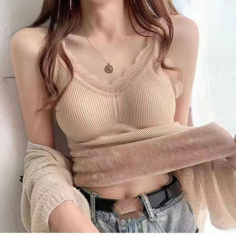 Thermounterwäsche Innenweste Damen Warm Winter Sexy Spitze Ärmellos Tank Gepolstert Thermo Dick Schlankmachendes Unterhemd