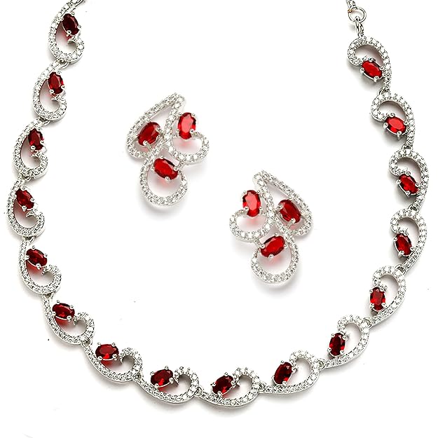 Комплект украшений для женщин: колье и серьги-подвески с родиевым покрытием, белым фианитом серебристого цвета и американскими бриллиантами серебряный