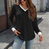 Women's Casual And Fashionable V-neck Contrast Color Long-sleeved Top