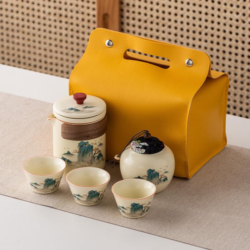 Ru Kiln Outdoor Travel Kung Fu Tea Set Gift Box Set High-end Guochao Merchandise Tea Cup Business Gift
