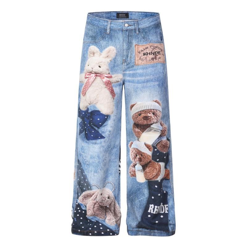 69818 American Vintage Unisex Washed 3D Cartoon Print High Street Loose Wide Leg Jeans