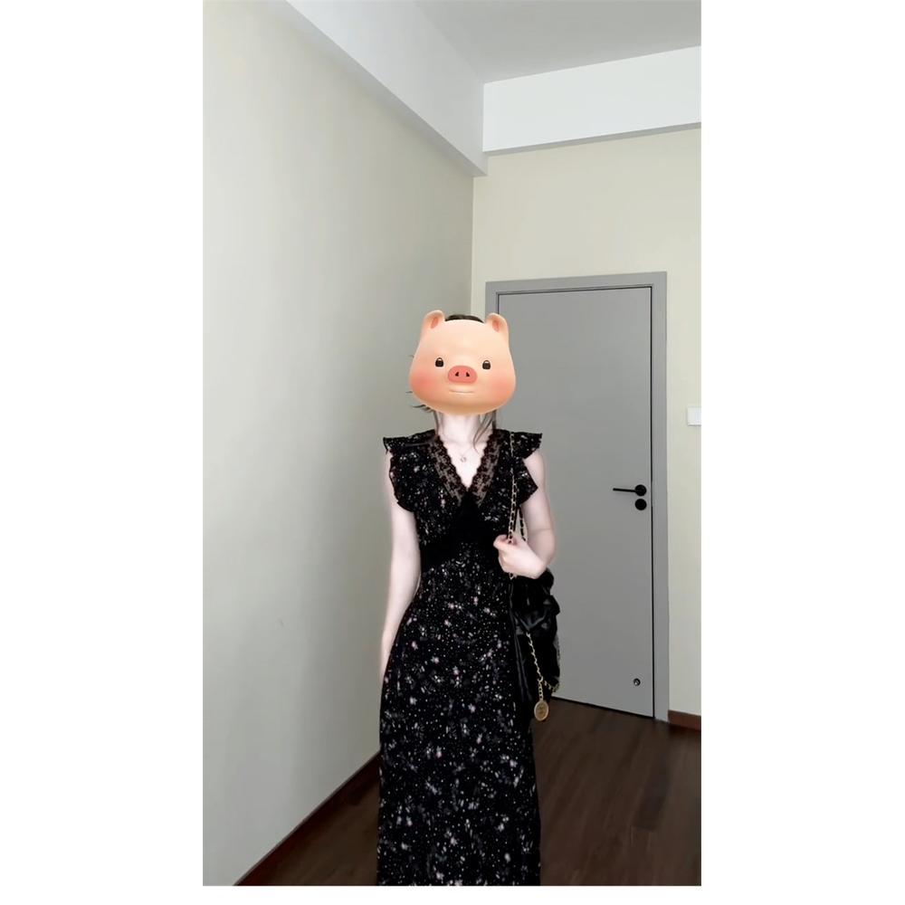 

Черное маленькое платье с цветочным принтом и рукавами-крылышками, женское повседневное летнее новое суперкрасивое кружевное платье с кружевной талией XL- (recommended 110-60kg)