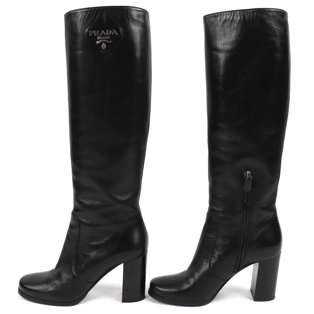 Great PRADA Knee-high boots Logo Metal Side Zip Leather black leather Women Used