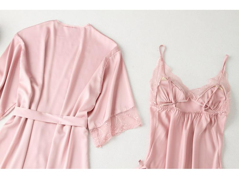Sexy Pure Desire Lace Pajama Set: Solid Color Slip Dress with Tie-Up Morning Robe