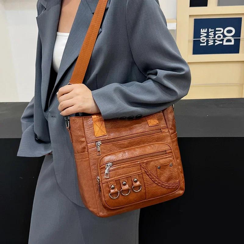 PU Fashion Youth Ladies Top-Handle Bags Versatile Zipper Crossbody Bags for Women  Commuting Sewing Thread