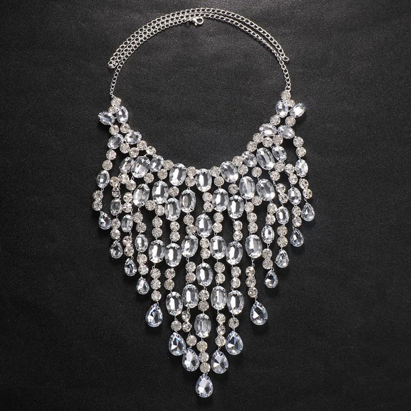 Layered Waterfall Rhinestone Necklace Women Bold Geometric Drop Pendant Chain In Gold Gunmetal