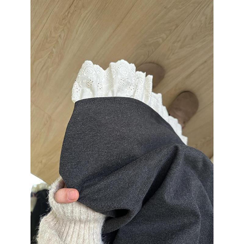 Korean-Style Sweet Lace Trim Patchwork Midi Skirt - Autumn/Winter A-line Retro High-Waist for Women