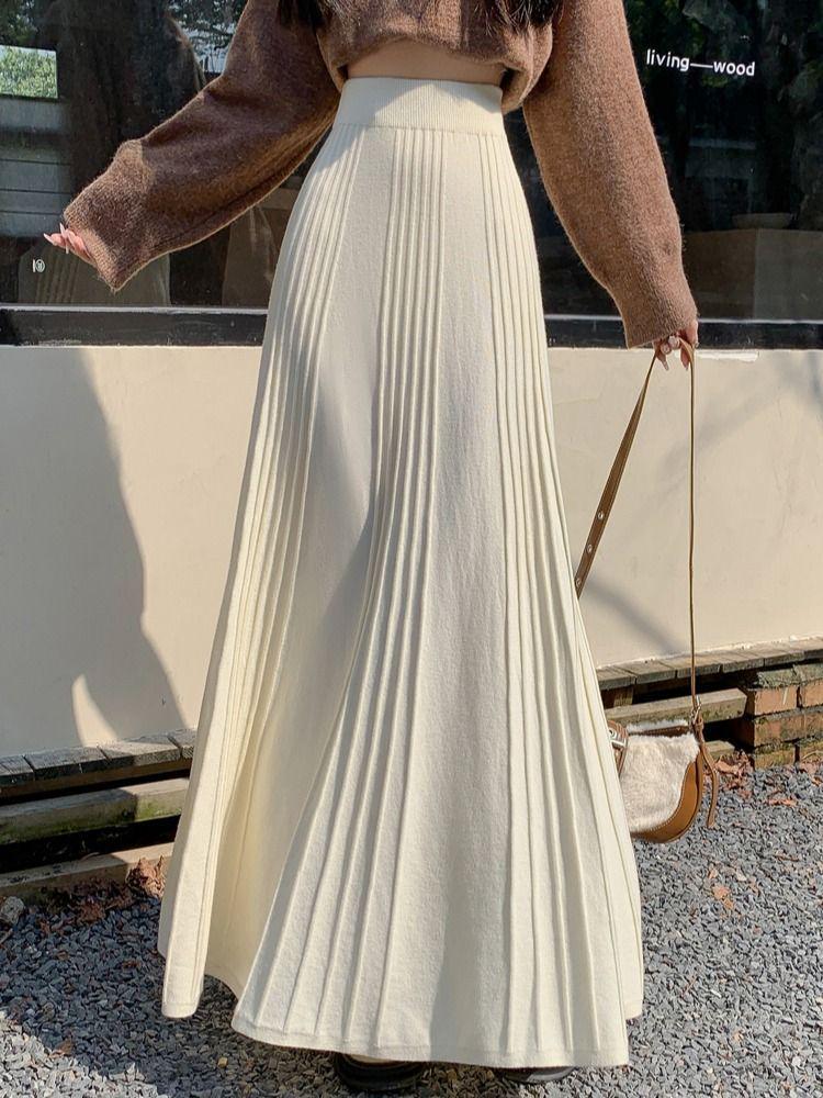 Pletená sukně áčkového střihu s vysokým pasem: Podzim/Zima Plisované Maxi