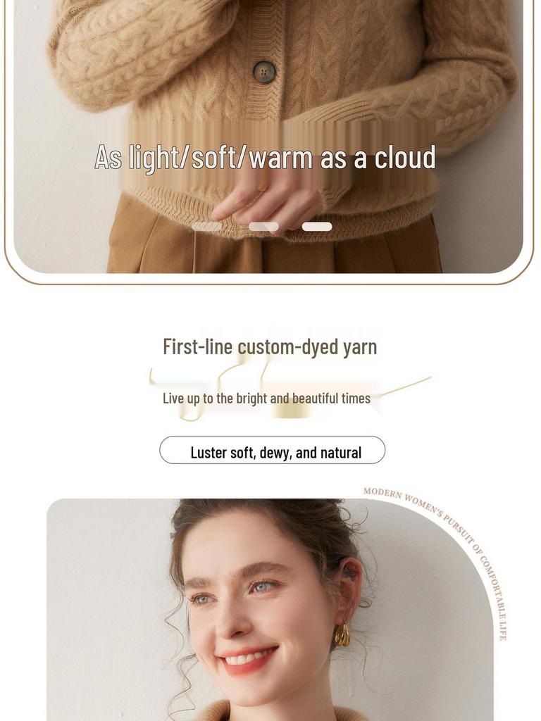 2025 Women's Cashmere Cable Knit Mandarin Collar Cardigan - Autumn/Winter, Long Sleeve, Seven-Needle & Thickened for Warmth
