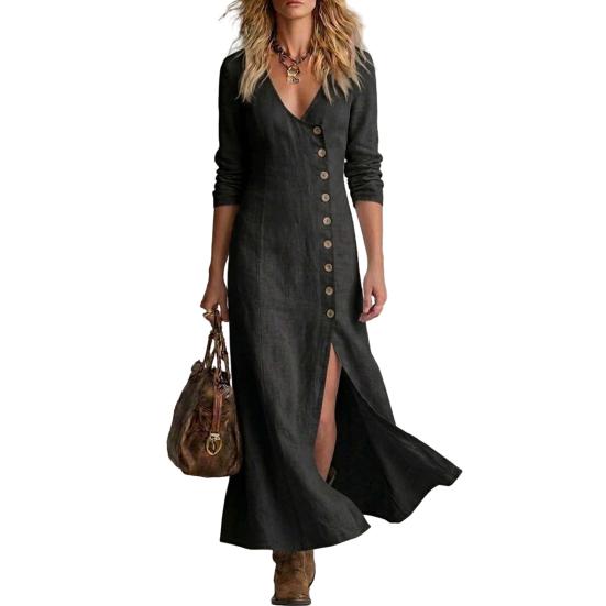 Mid-length Casual Dress Women s Side Slit Long Dress, Button Down V Lightweight Women Neck Bodycon Sleeve Beach Vacation Sundress Comfortable Loose M чёрный