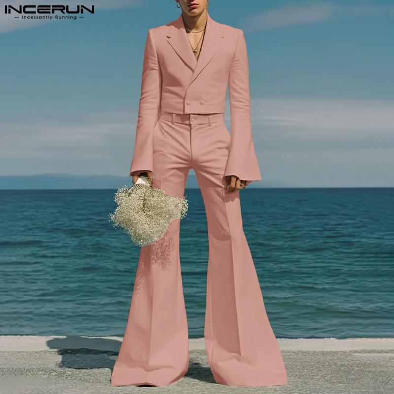 INCERUN Two Pieces Outfits Men Lapel Long Sleeve Cropped Blazer Long Flare Pants Sets