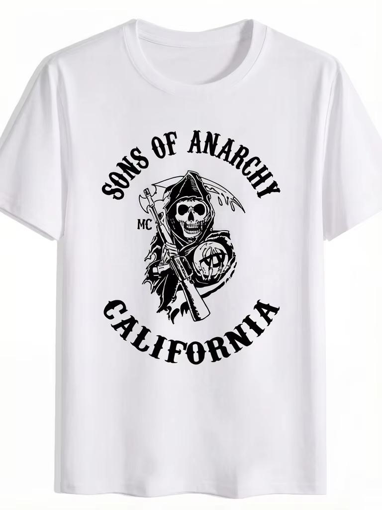 Herren T-Shirt mit kurzem Ärmel Totenkopf-Print Sons of Anarchy Kalifornien Design Sommer Schwarz mit Weißem Druck Rundhalsausschnitt Normale Passform