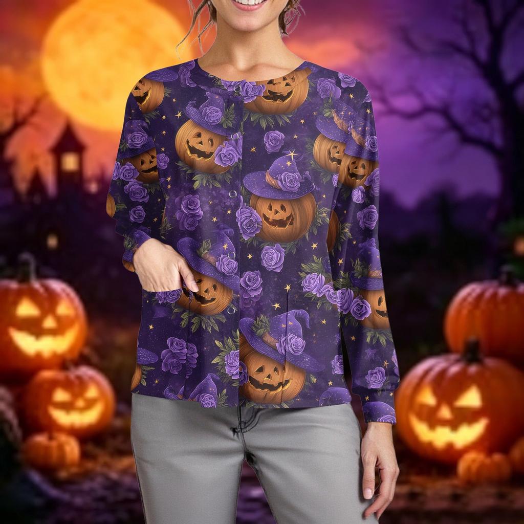 Women's Long Sleeve Button Front Cardigan Halloween Print Spider Web Bat Pattern Casual Lightweight Knitwear Top for Caregivers