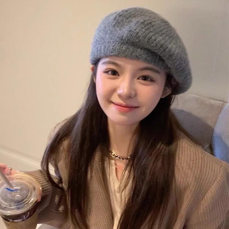 Women Fashion Winter Beret Hat Solid Color Knitted Elastic Warm Berets Beanie Korean Girl Artist Painter Cold-proof Pumpkin Caps