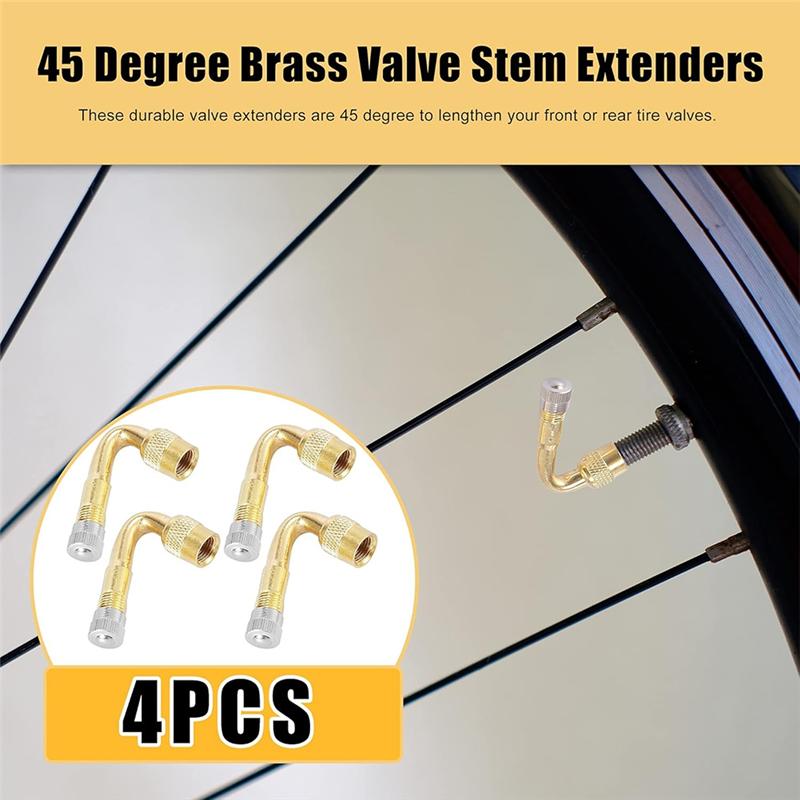 4 Pcs Tire Valve Stem Extension Adapters 45-Degree Brass Valve Extenders For Cars RV Motorcycles For Tires(Gold)