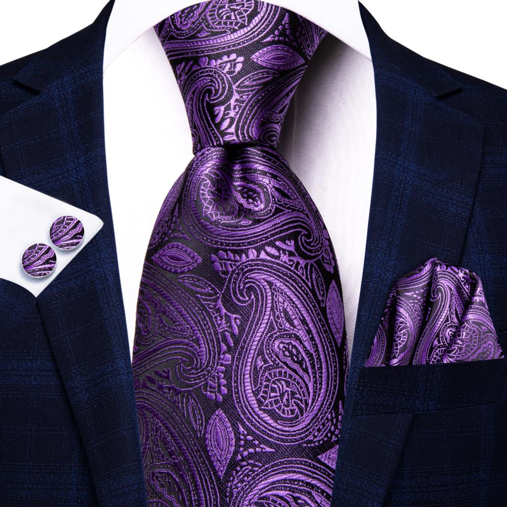 Hi-Tie Viola Unito Paisley Seta Cravatta da Matrimonio per Uomo Design Novità Fazzoletto Gemelli Regalo Set Cravatta Uomo Festa Business Dropshipping