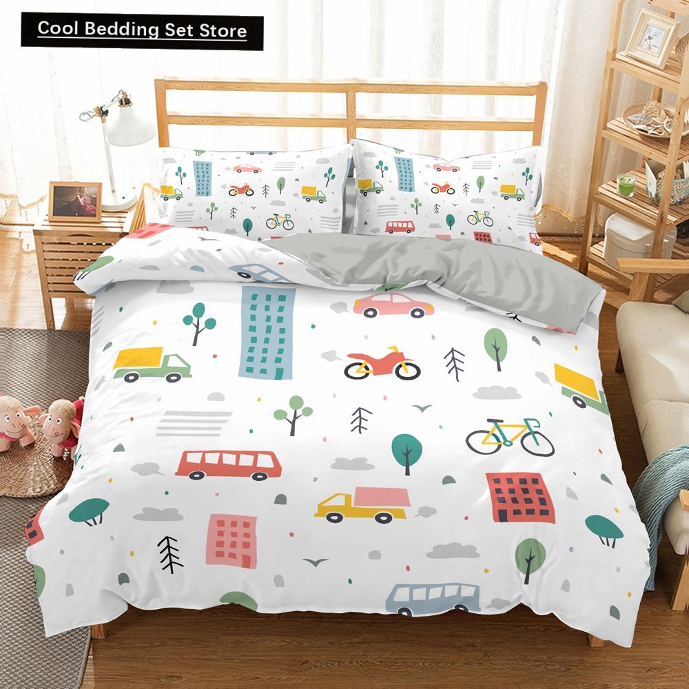 Kreslené Vlakové Ložní Sety 2/3ks Povlak na Peřinu Autíčko Náklaďák Měkký Povlak na Přikrývku Jednolůžko Queen King Size Polyesterový Povlak na Přikrývku