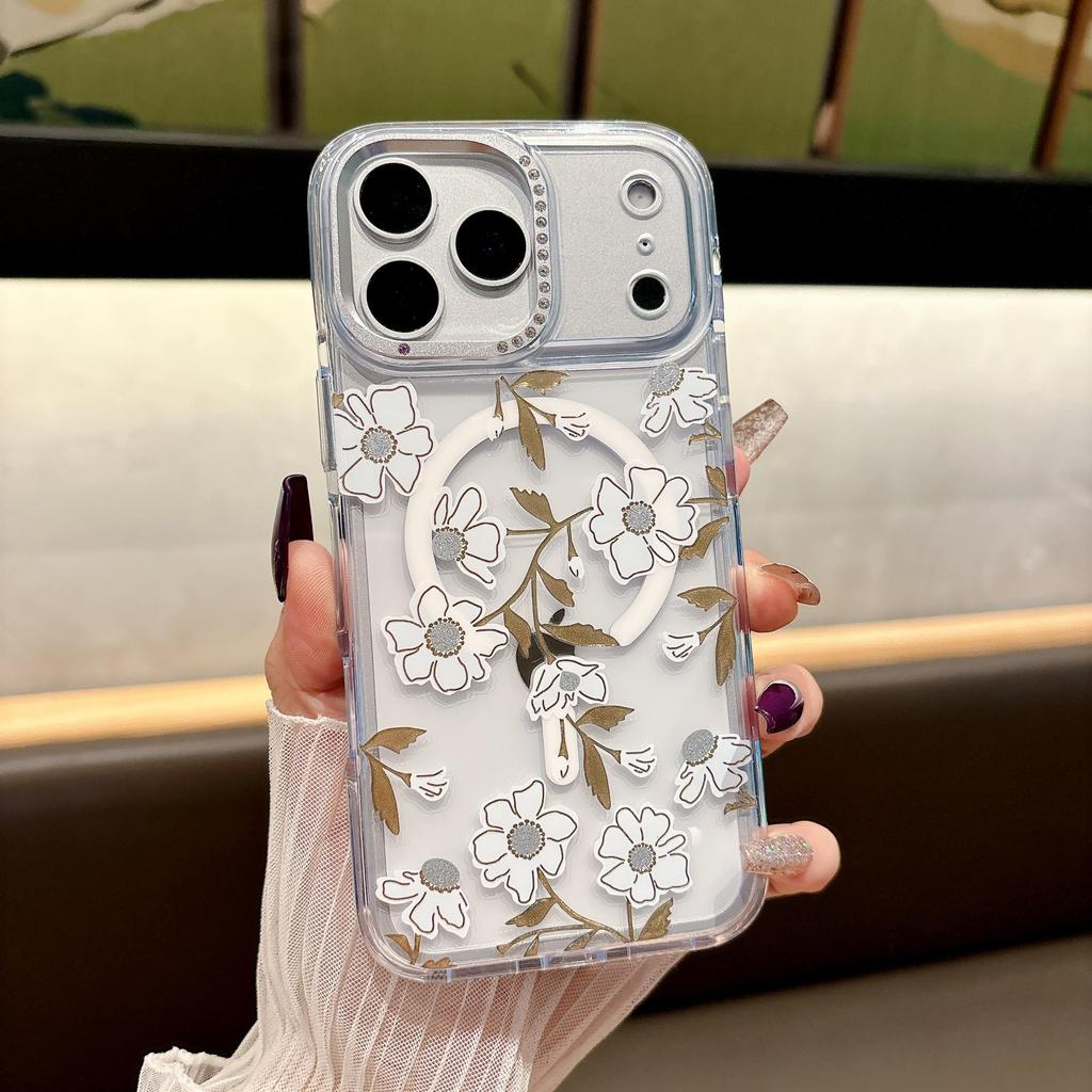 Floral Transparent Magnetic Bow Diamond Lens Case for iPhone 17 Pro Max