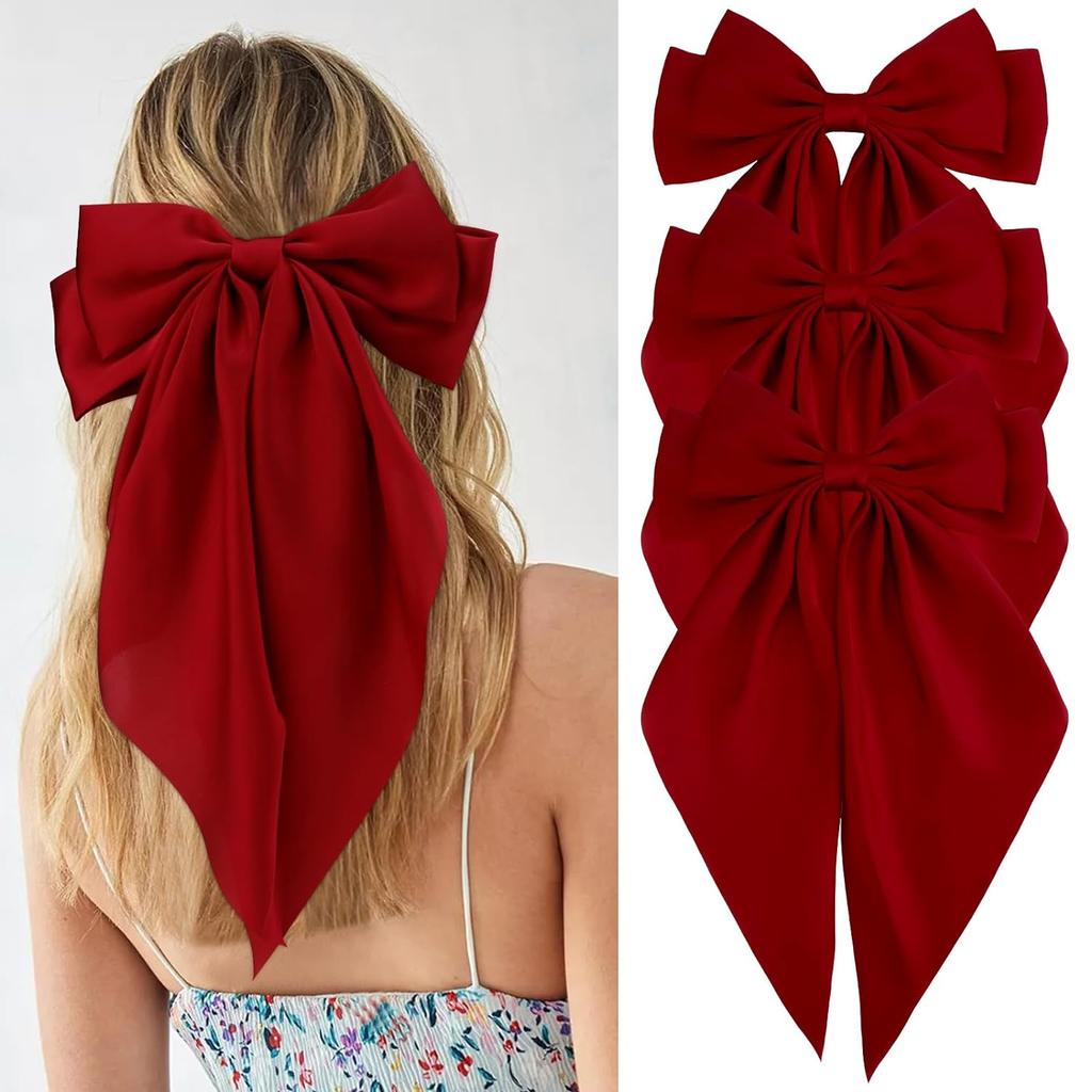 3Pcs Women Elegant Bow Ribbon Hair Clips Solid Color Satin Bowknot Clips Girls Korean Hairpins Party Headdress Hair Accessories