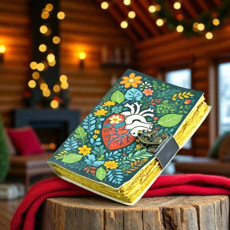 Anatomical Heart Leather Journal with Lock: Witchy Floral Notebook