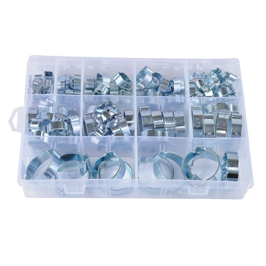 100 × Double Ear Hose Clips Water Fuel Air Clamps for 5-31MM Zinc Plated Assortment Box with Pliers Tool