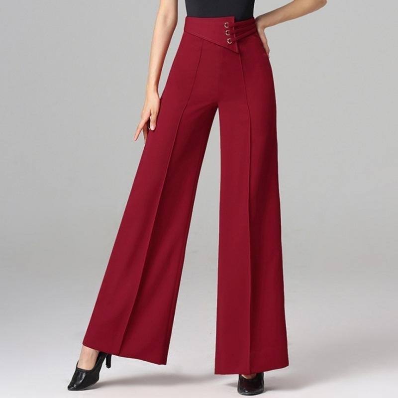 Elegante Damenmode Diamanten Modische Weite Hosen Einfarbig Elastisch Hoher Bund Lateinischer Tanz Einfach Locker Gerade Neue Freizeithosen