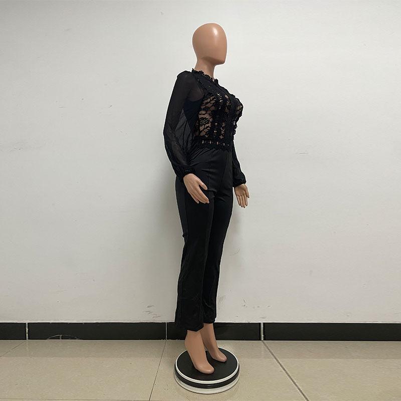 Women's High Collar Lace Lace Fashion Solid Color Chiffon Long Sleeve High Waist Jumpsuit