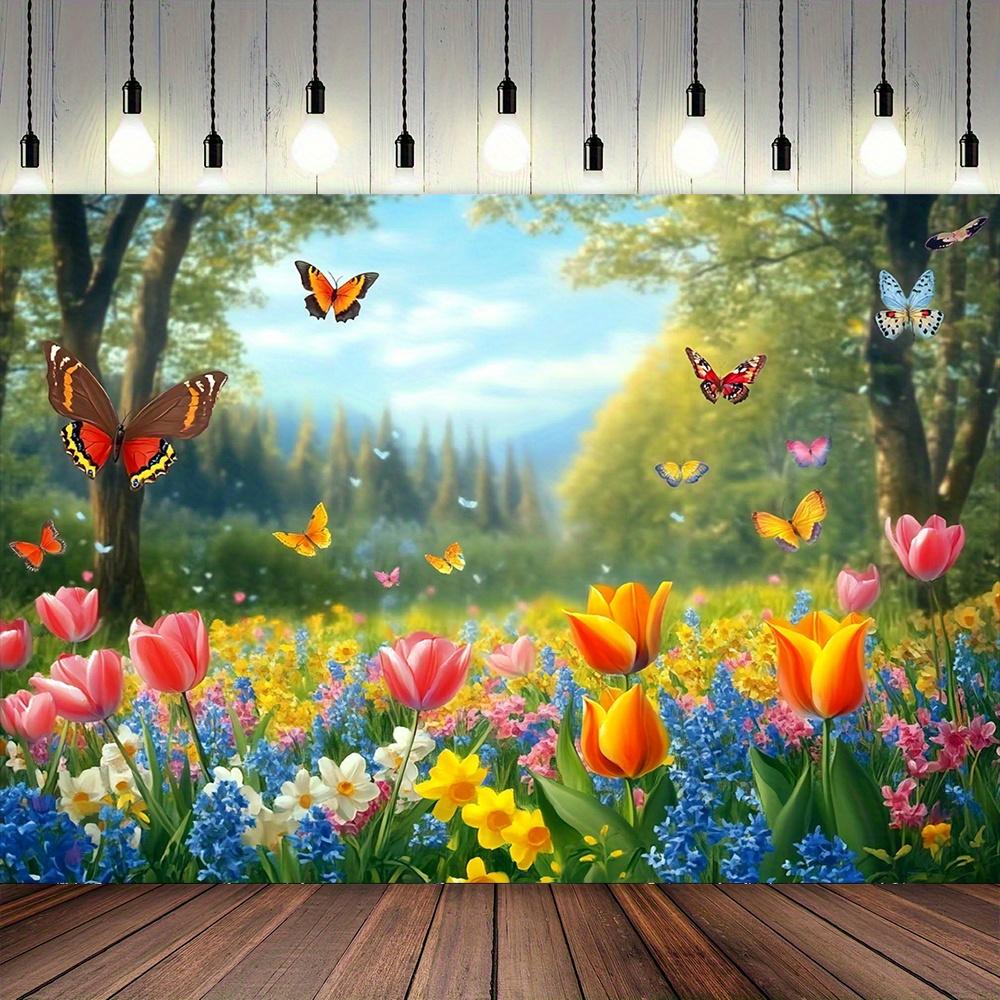 2D Plane 1 Piece of Bright Spring Flower and Butterfly Polyester Banner Featuring Blooming Tulips Roses and Lush Green Plants