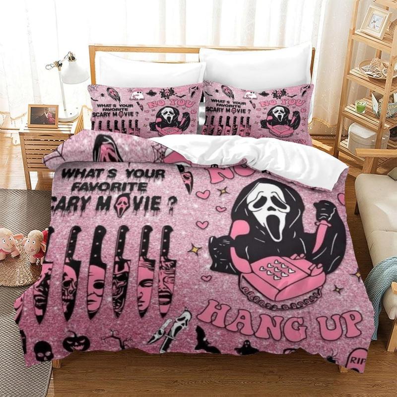 Halloween Bedding Set 3-piece Pink Cartoon Skeleton Duvet Set Funny Horror Ghost