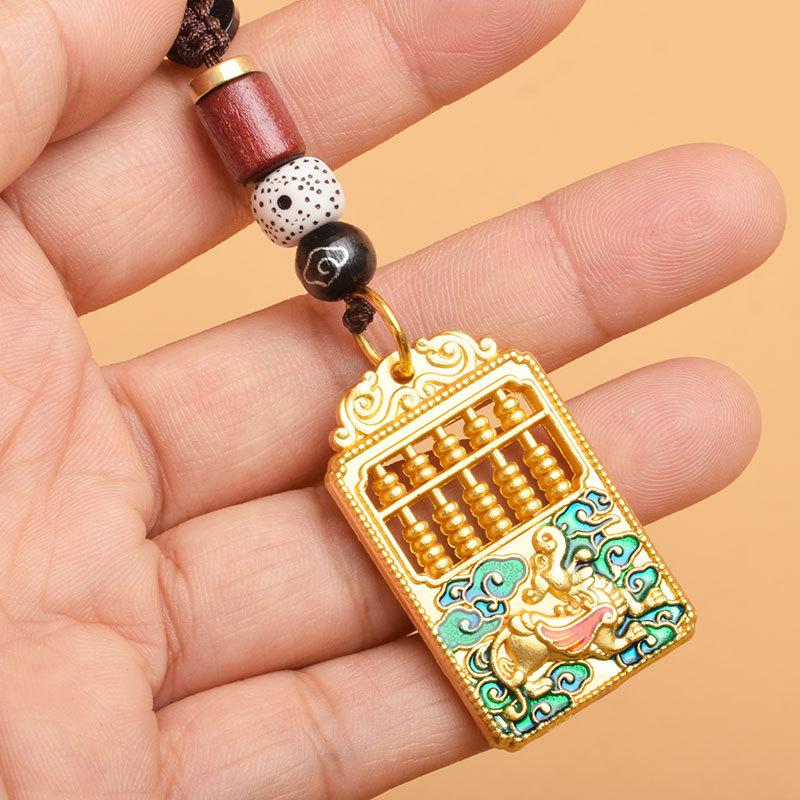 Sand Gold Unicorn Blessing Keychain: Fortune Abacus Pendant - Chinese Style Jewelry for Men and Women