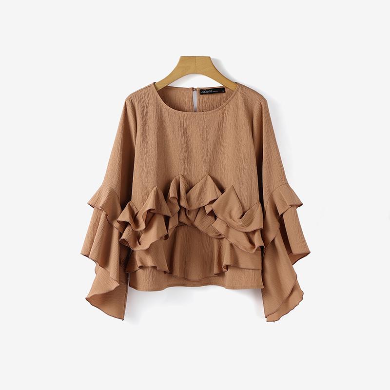 ZANZEA Womens Casual Round Neck Long Sleeve Ruffles Splice Loose Blouse