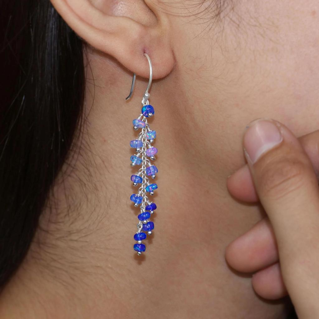 Multifire Blue Fire Opal Beads Drop and Dangle Earrings, Fire Blue Opal Rondelle Beads Earrings, October Birthstone Jewelry, Handmade Gift