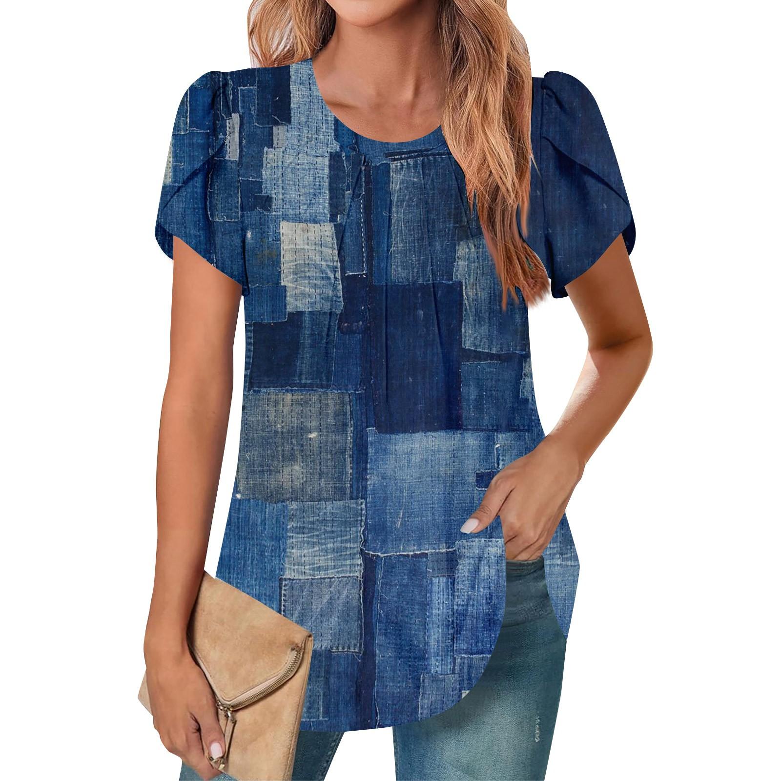 

Women s Casual Round Neck Short Sleeve Chest Pleated Flared Sleeve Floral Top XL темно-синього кольору