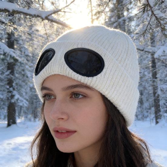 Strickmütze Einfarbig Warme Strickmütze mit Brillen-Dekor Elastisch Winddicht Wintermütze Outdoor Reisen Radfahren Tägliches Tragen