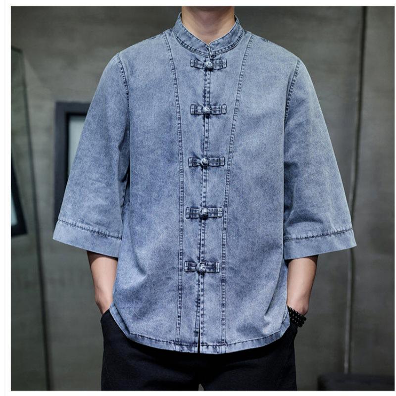 Mens Chinese Style Loose Denim Shirt Retro Pan Buckle Design Big Size Three Quarter Sleeve Top M синий