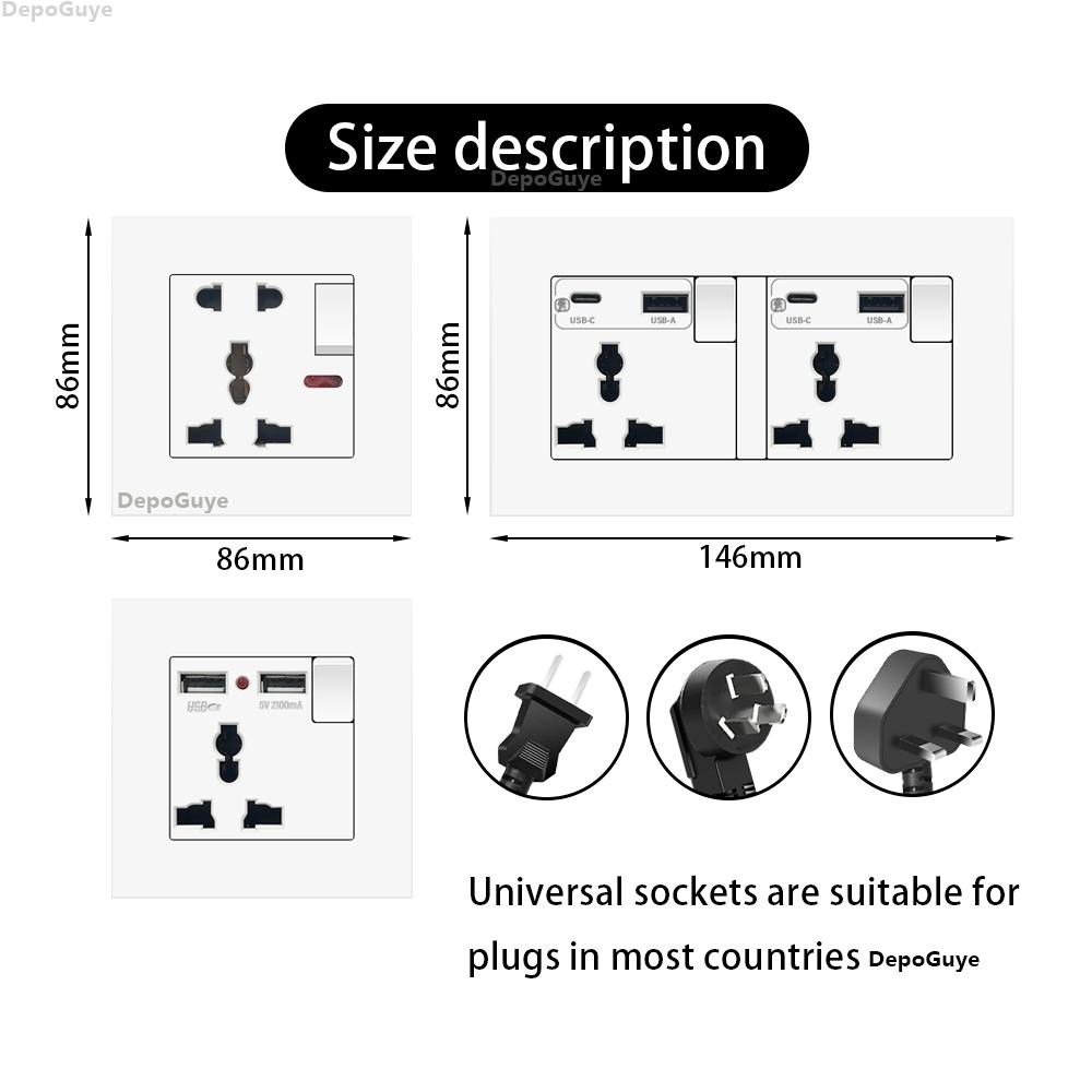 UK 13A Wall Socket with USB Type C 18W Quick Charge Power Outlet,Universal Electrical  Wall Light Switch Dual 3-pin Socket 220V