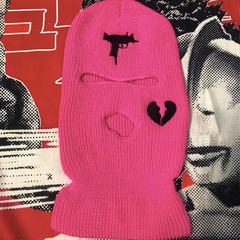 3-Hole Solid Color Embroidered Balaclava Knit Hat Face Mask Neck Gaiter Windproof Warm for Spring Fall Winter Daily Wear