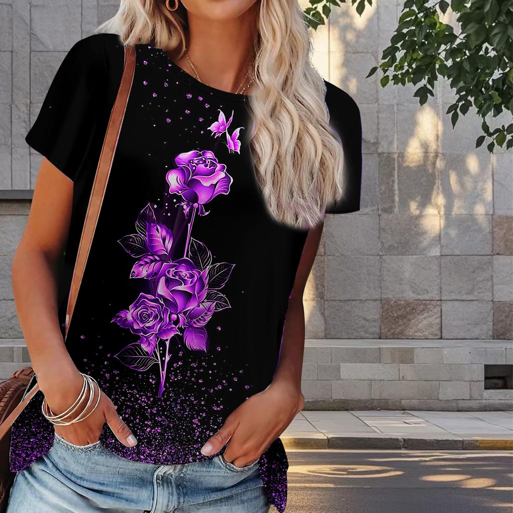 Damen Sommer T-Shirt Blumendruck Retro Mode Kurzarm T-Shirts Casual Printed Tops