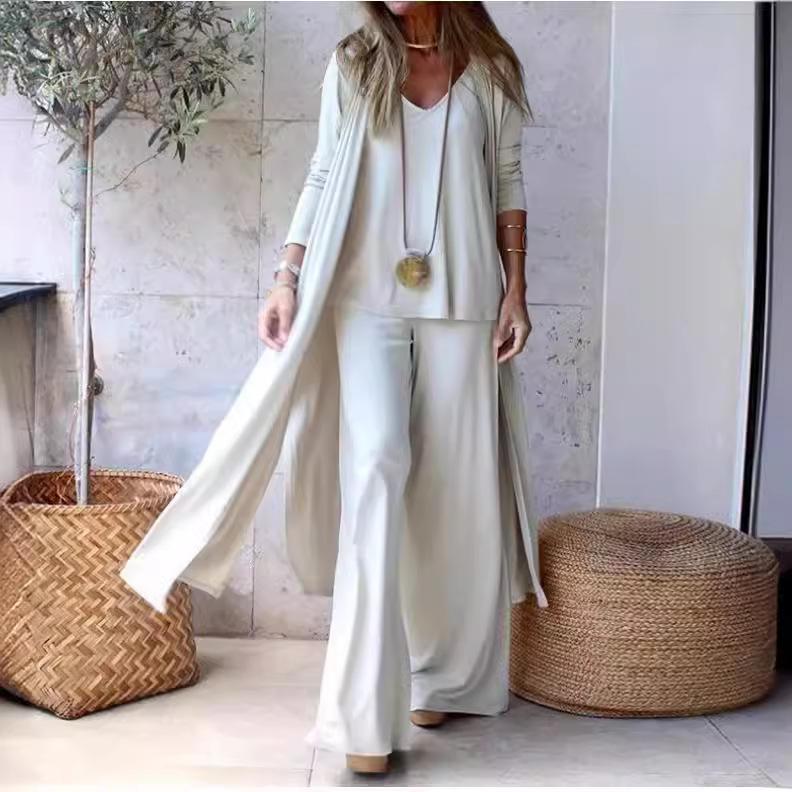 Modische, lässige und elegante dreiteilige Sets für Damen, bequem, einfarbig, V-Ausschnitt, Sling-Oberteile, weite Hosen und lange Strickjacke, Pendleranzüge