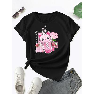 Boba Tea Cat Bubble Print Tshirt Cute Round Neck Short Sleeve Tshirt Spring and Summer Womens Clothing Vintage Graphic Y2K