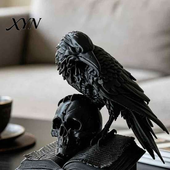 Forniture per Festa a Tema Mistero Statua Teschio Corvo Nero, Statuetta Corvo Gotico Stampata 3D per Scrivania Ornamento Desktop Estetica Oscura Scaffale, Spettrale