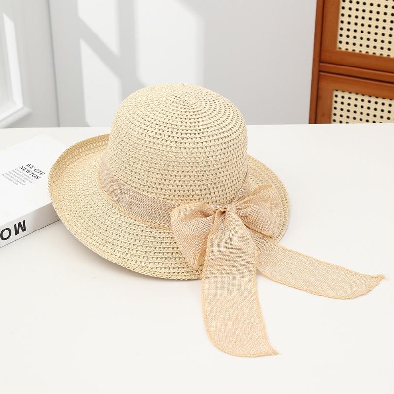 Summer Bow Sun Hat Female, Seaside Beach Vacation Sun Hat Outdoor Big Brim Sun Hat Sweet Straw Hat