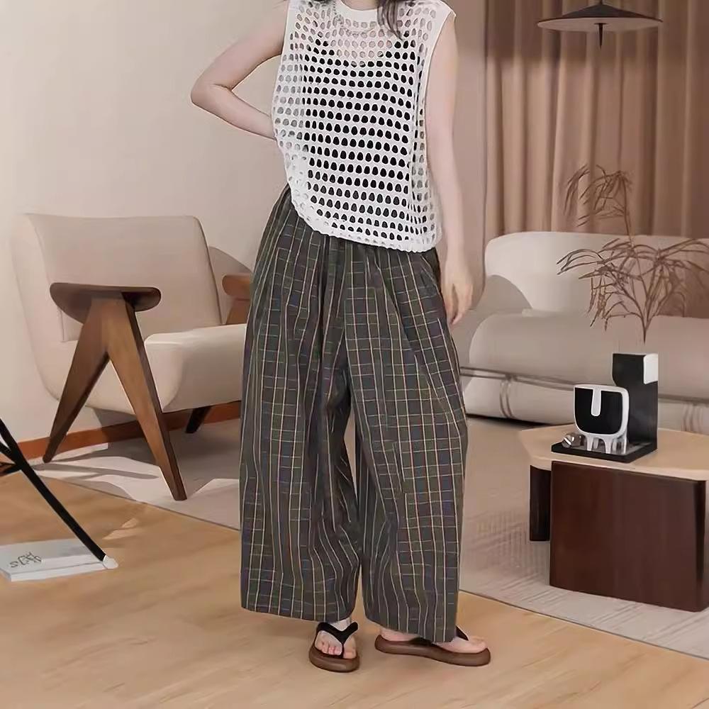 

Новые осенние дизайнерские шикарные клетчатые студенческие брюки для женщин, свободные прямые широкие брюки-девятки L