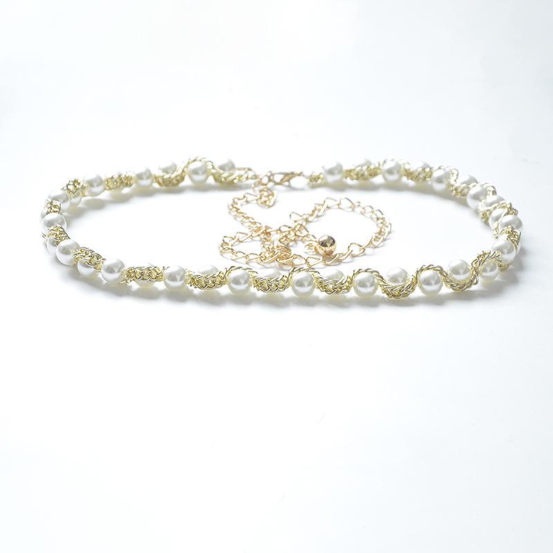 Meier New women s pearl waist chain - fashionable and sweet pearl-embellished slim belt 100-135CM