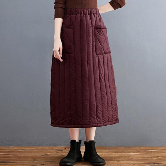 Women Down Skirt Elastic High Waist Large Swing Design Midi Skirt with Pockets Solid Color A-Line Windproof Skirt