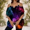 Women Plus Size Off Shoulder Double Strap Short Sleeve Galaxy Smoke Print Blouse