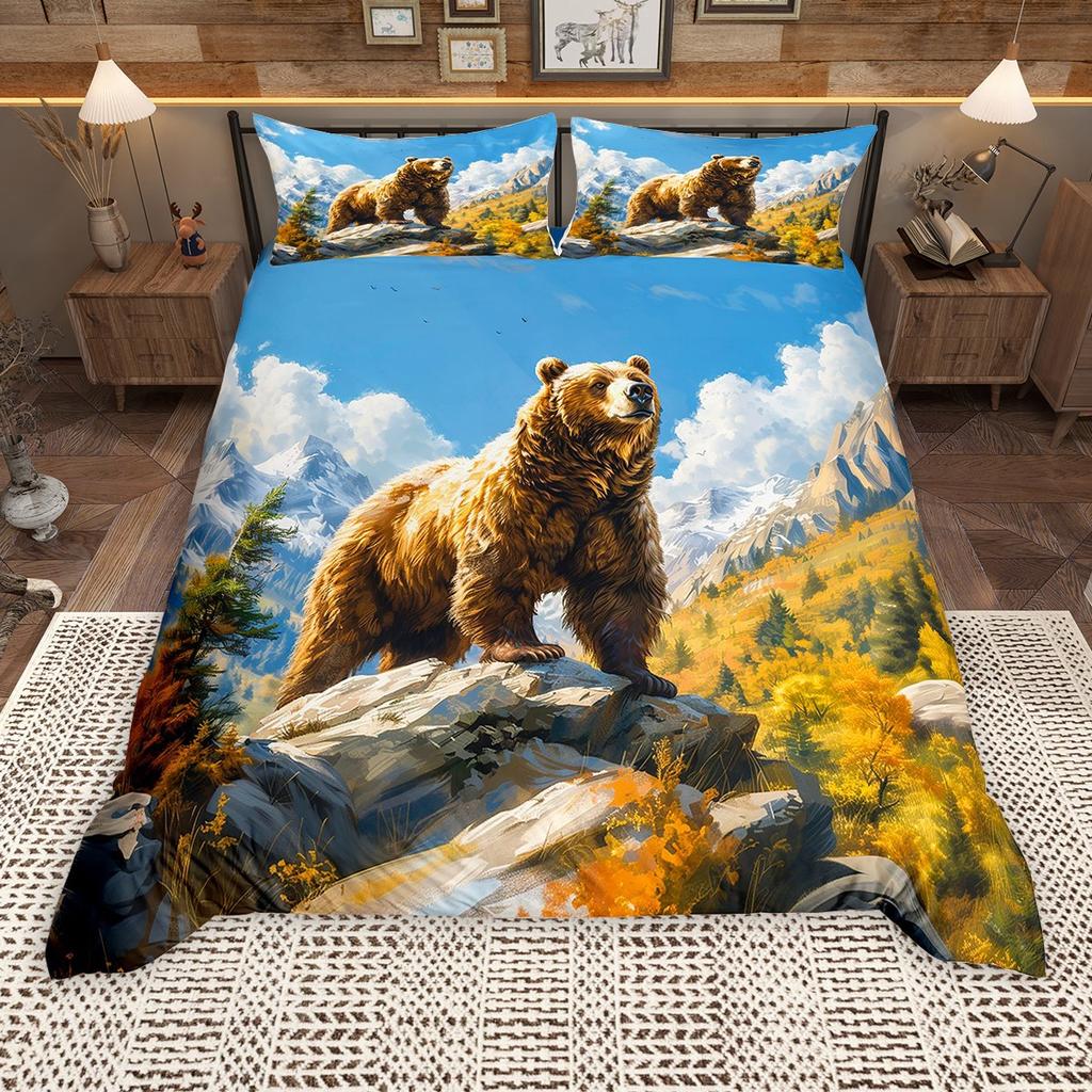 Homewish Rustikales Bauernhaus Lodge Hütte Bettbezug Set, Wildbär Hirsch Bettbezug Set, Waldtier Bettwäsche Set